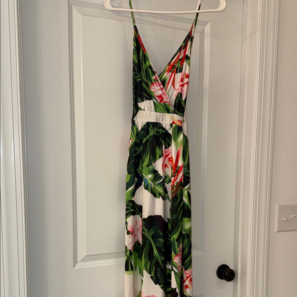 Tropical Print V-Neck Maxi Dress - Green & White